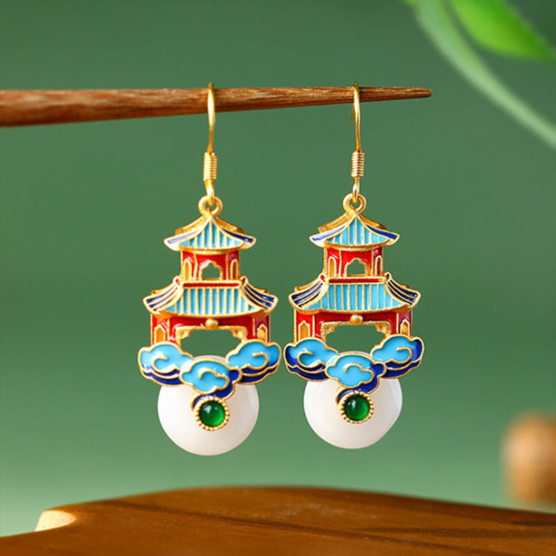 Ancient Style Imitation Jade Earrings with Copper Plated Gold Enamel Painting