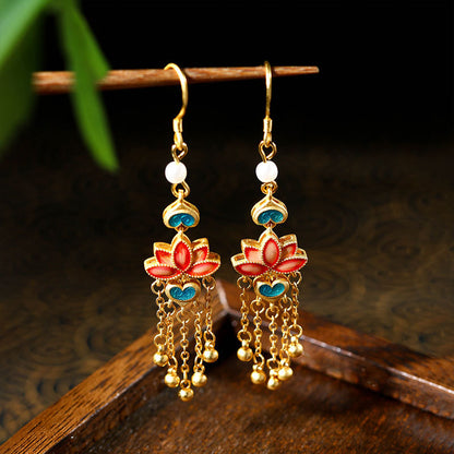 Enamel Cloisonne Good Luck Beads Pearl Antique Tassel Earrings for Women