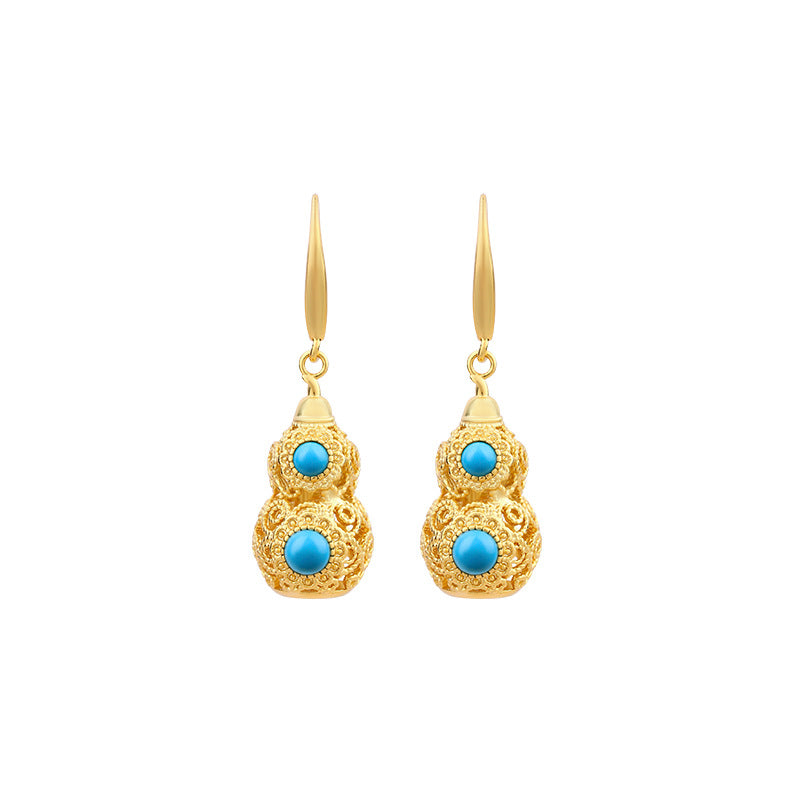 Gold Plated Gourd Fulu Imitation Pine Stone Vintage Earrings