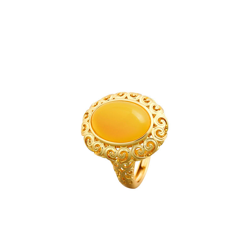 Ancient Gold-plated Beeswax Xiangyun Ruyi Filigold Hollow Egg Face Ring