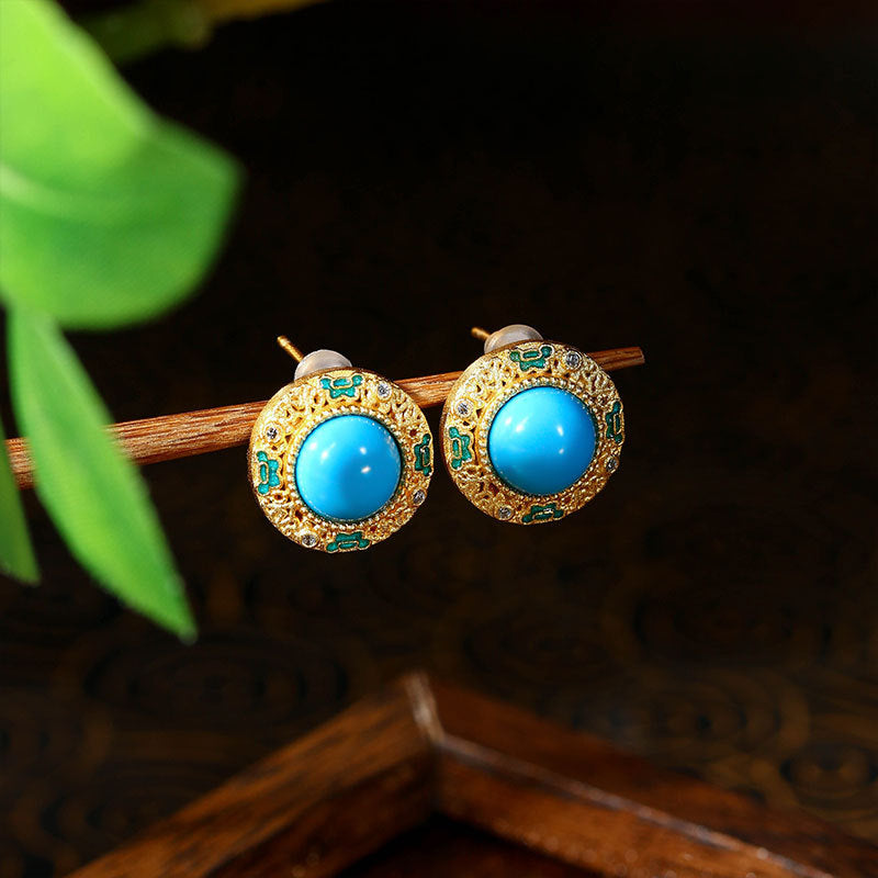 925 Silver Needle Gold-plated Blue Turquoise Ruyi Hollow Round Women's Earrings