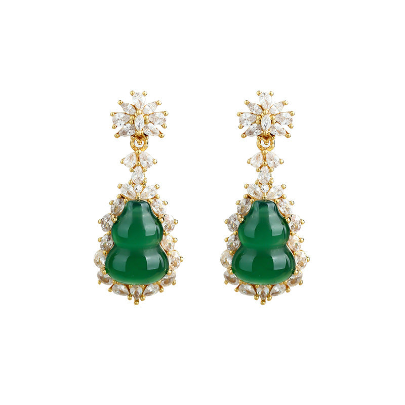 Golden Silver Needle Earrings with Natural Green Chalcedony Gourd Egg Face Light Agate Pendant