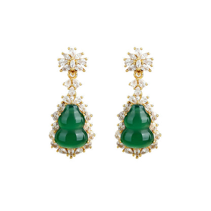 Golden Silver Needle Earrings with Natural Green Chalcedony Gourd Egg Face Light Agate Pendant