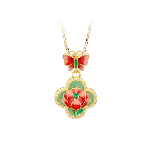 Real Gold Electroplating Butterfly Love Flower Enamel Imitation Jade Clavicle Necklace for Women