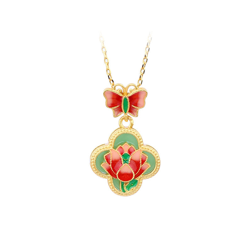 Real Gold Electroplating Butterfly Love Flower Enamel Imitation Jade Clavicle Necklace for Women