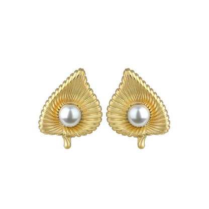 French Vintage Leaf Pearl Earrings, Simple and All-match