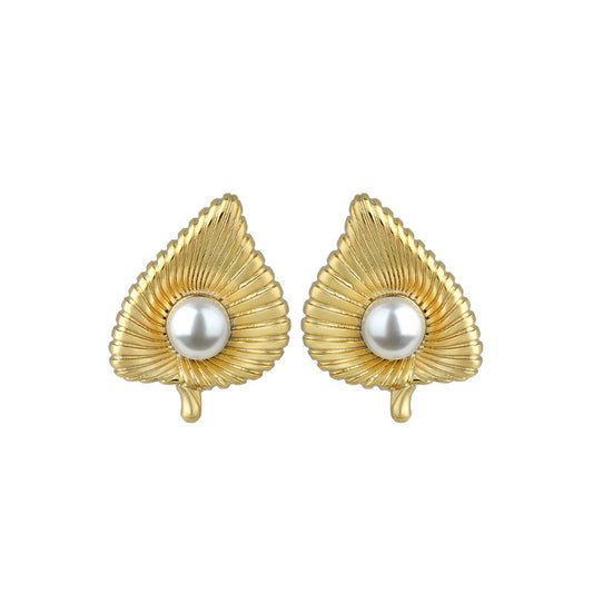 French Vintage Leaf Pearl Earrings, Simple and All-match