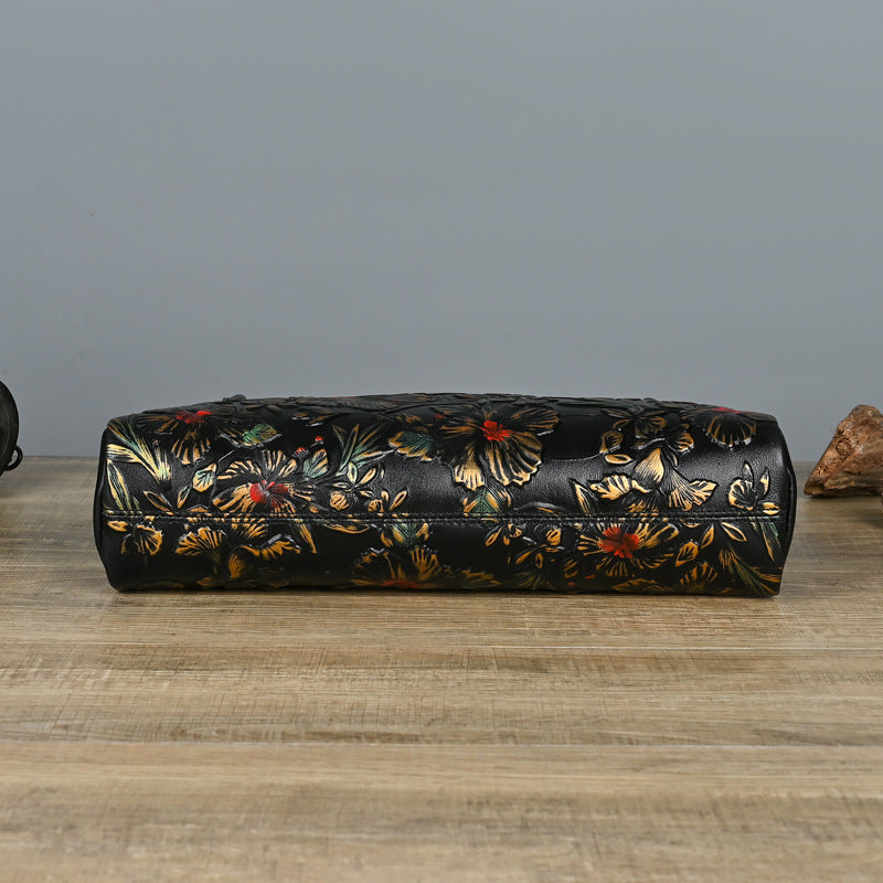 Retro Genuine Leather Underarm Baotou Cowhide Handmade Color-polished Handbag with Embossed Floral Design