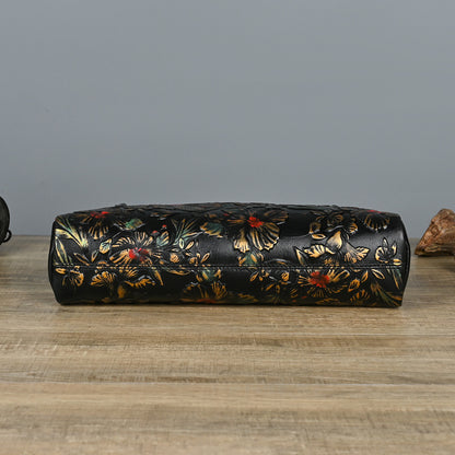 Retro Genuine Leather Underarm Baotou Cowhide Handmade Color-polished Handbag with Embossed Floral Design