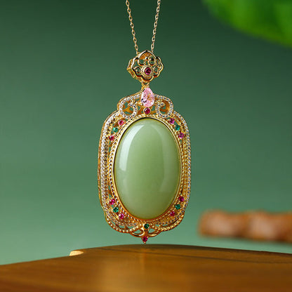 Elegant Gold-plated Copper-plated Imitation Hetian Jade Pendant with Micro-inlaid Colored Diamond Necklace for Men and Women