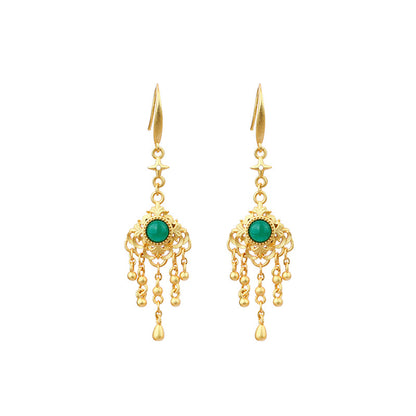 Gold Plated Jade Tassel Long Earrings with Classical Design