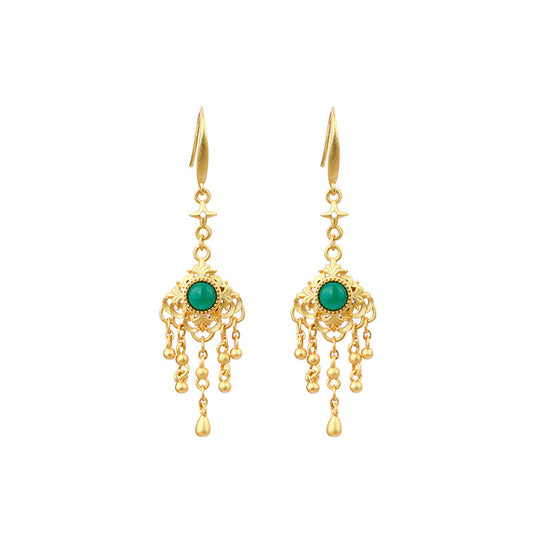 Gold Plated Jade Tassel Long Earrings with Classical Design