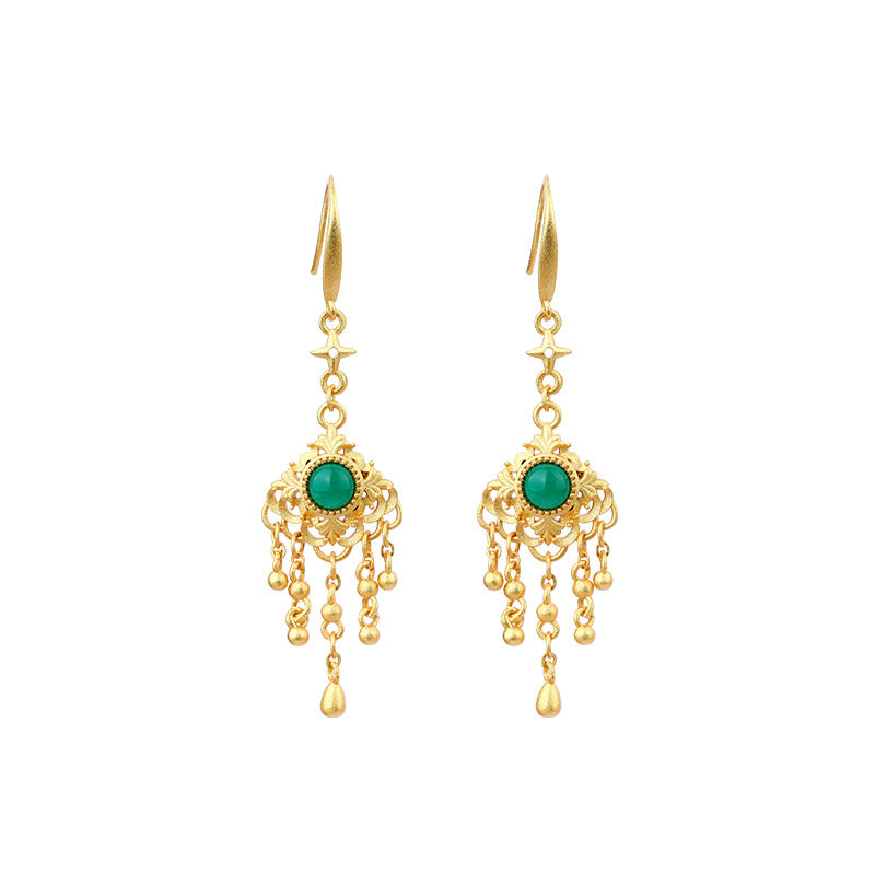 Gold Plated Jade Tassel Long Earrings with Classical Design