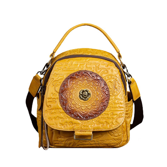 First layer cowhide multi-purpose shoulder bag, vegetable tanned leather, embossed design