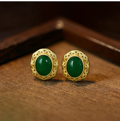 Imitation Hetian Jade 925 Silver Needle Agate Earrings with Hollow Pattern