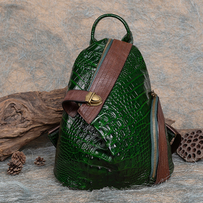 Factory Direct First Layer Cowhide Multi - purpose Crocodile Pattern Handmade Brushed Leather Backpack