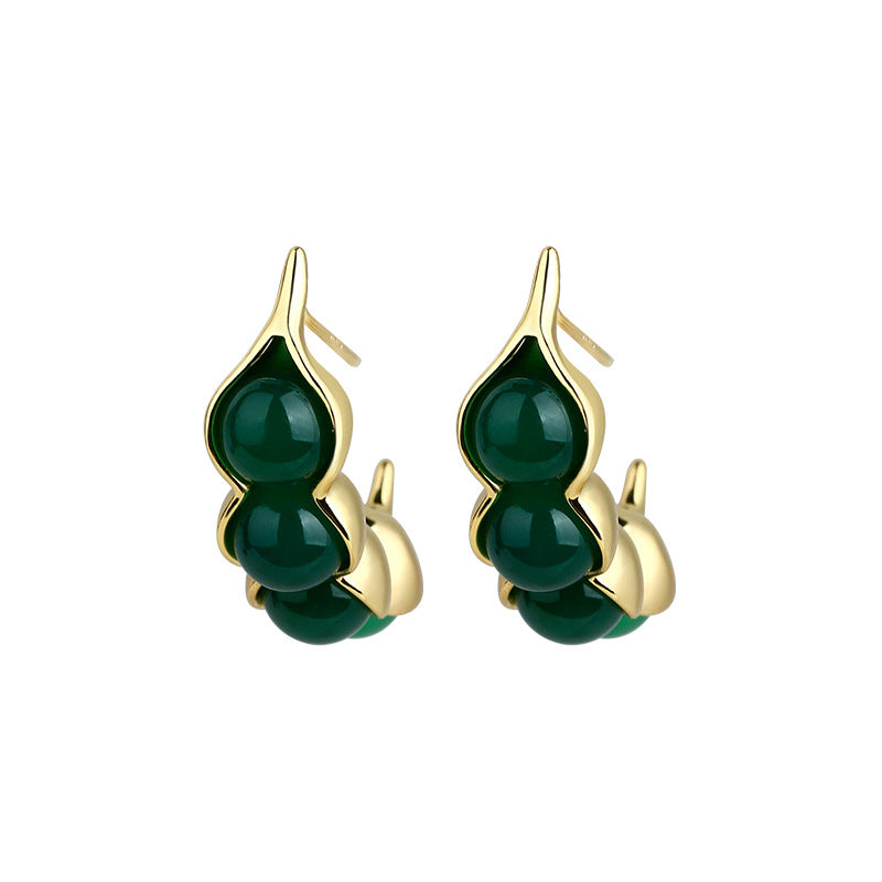 925 Silver Needle Gold Plated Natural Green Chalcedony Earrings