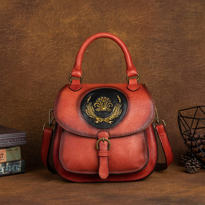 Vintage Cowhide Women's Multi-purpose Vegetable Tanned Leather Hand Backpack with Embossed Design