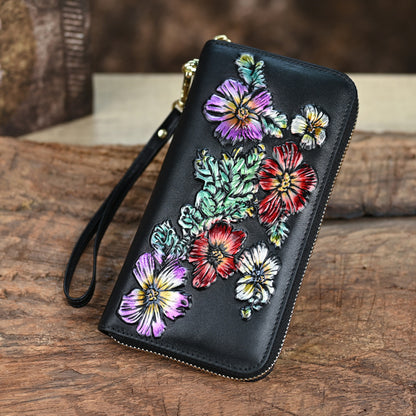 Vintage Genuine Leather Women's Wallet, Large Capacity, Multi Card, Embossed, Handmade, Zipper Bag