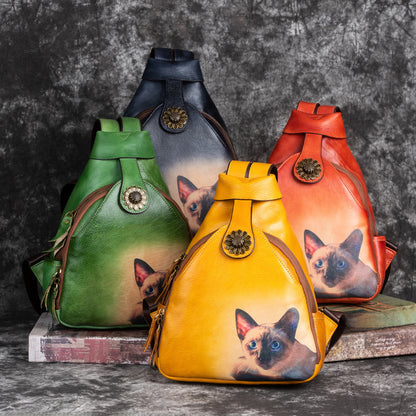 Vintage First Layer Cowhide Multi-Purpose Leather Backpack with Color Printing and Hand-Wiped Vegetable Tanning
