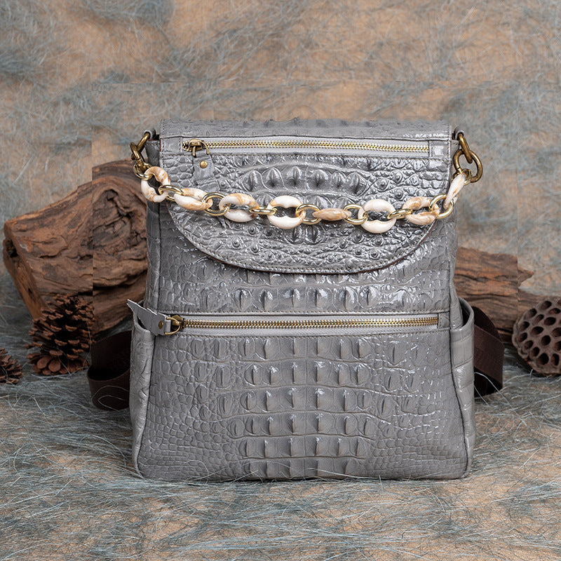 Top Layer Cowhide Crocodile Pattern Embossed Leather Backpack