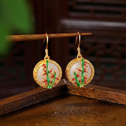 925 Silver Needle Enamel Bamboo Peace Ear Hook Earrings for Women
