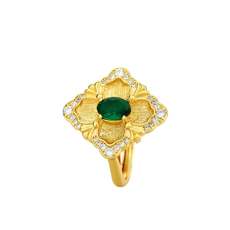 Real Gold Plated Italian Jewelry Ring with Vintage Imitation Panjshir Emerald Color