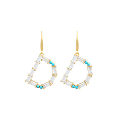 Copper Set Artificial Turquoise Zircon D English Letter Earrings T Square Women's Accessories