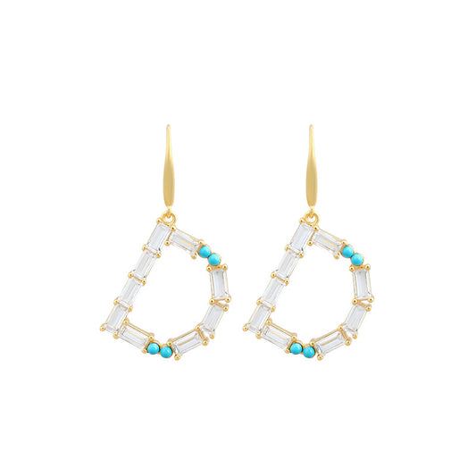 Copper Set Artificial Turquoise Zircon D English Letter Earrings T Square Women's Accessories