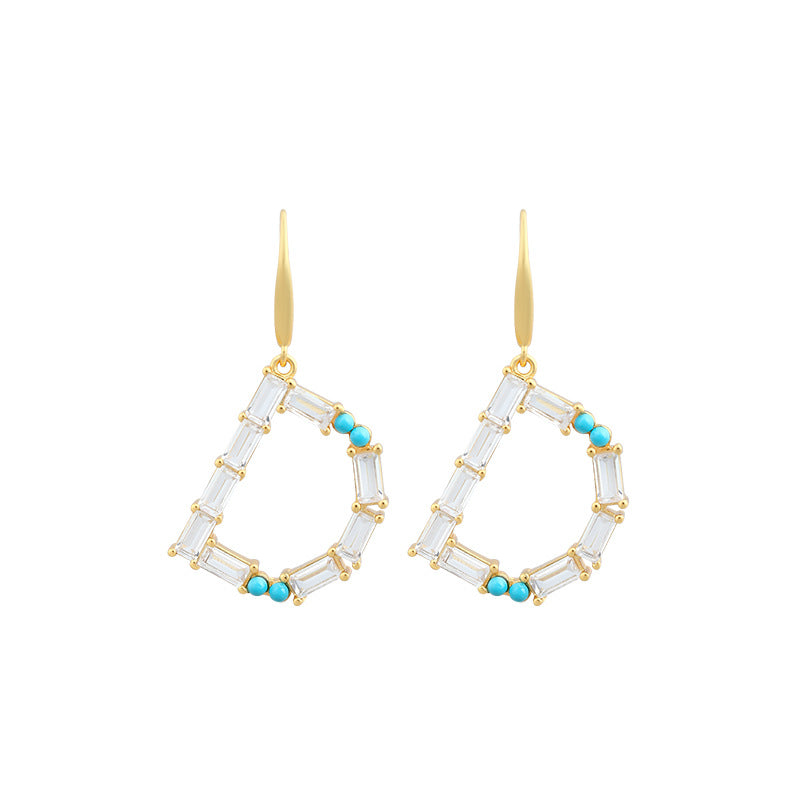 Copper Set Artificial Turquoise Zircon D English Letter Earrings T Square Women's Accessories