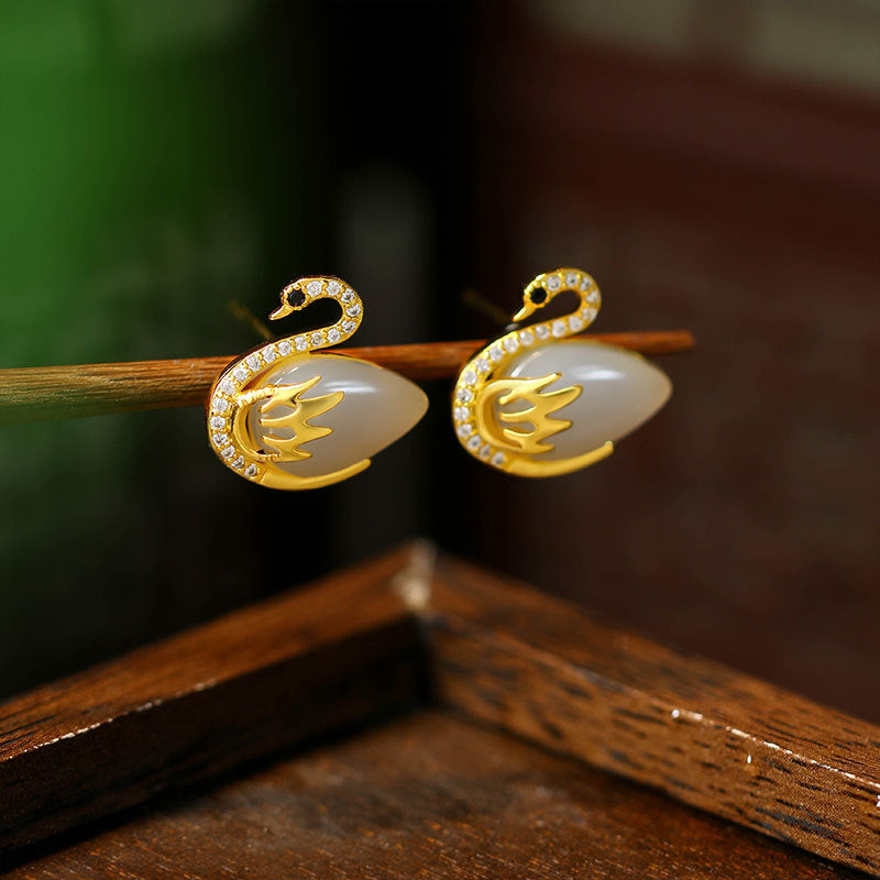 Elliform 925 Silver Needle Gold-plated Imitation Hetian Jade Swan Earrings