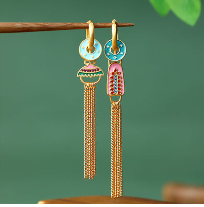 Asymmetric Color Tassel Enamel Earrings