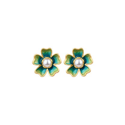 925 Silver Needle Gold Plated Glaze Camellia Pearl Earrings - Niche, High-end & All-match