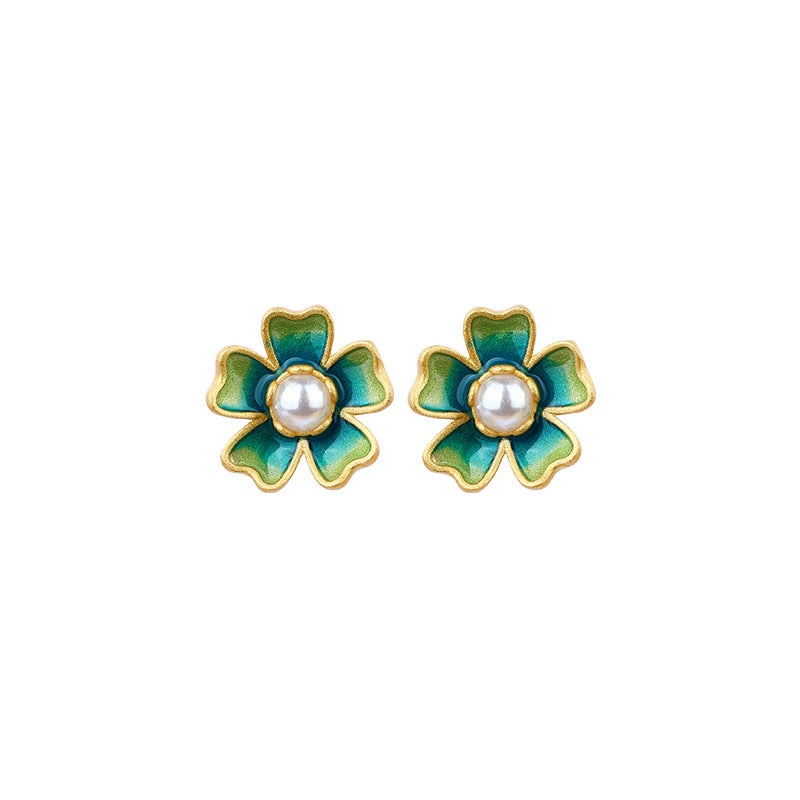 925 Silver Needle Gold Plated Glaze Camellia Pearl Earrings - Niche, High-end & All-match