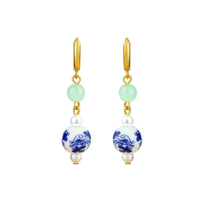 Blue and White Porcelain Earrings, Original Design, Handmade, Beaded