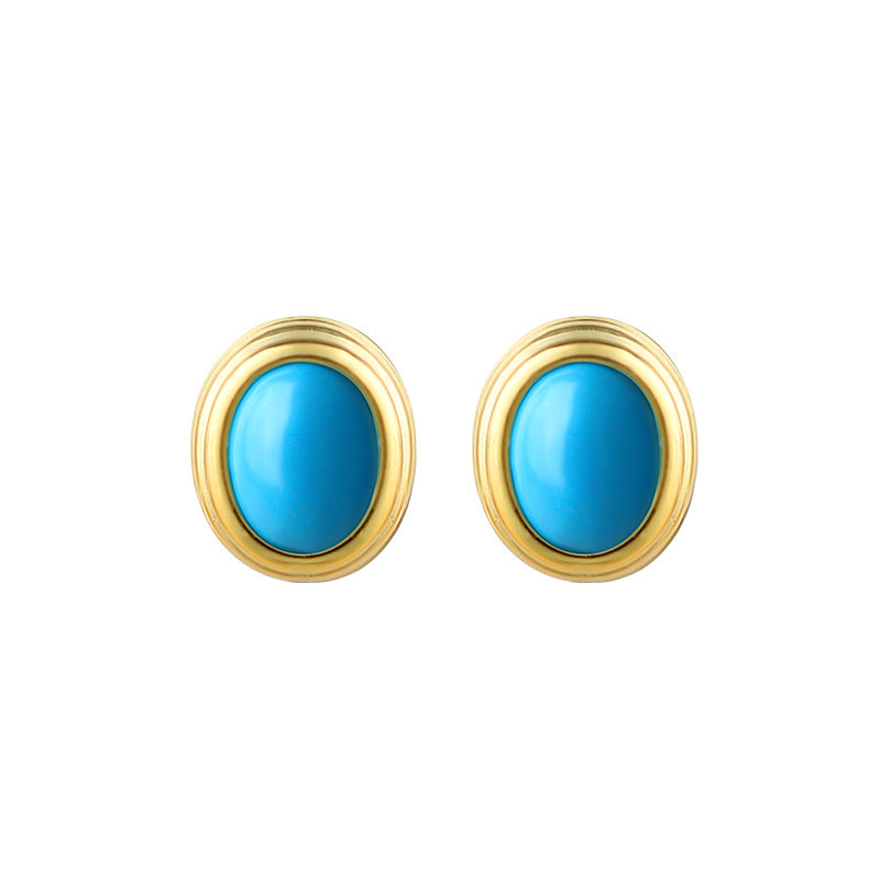 925 Silver Needle Imitation Turquoise Earrings, Simple Retro Design