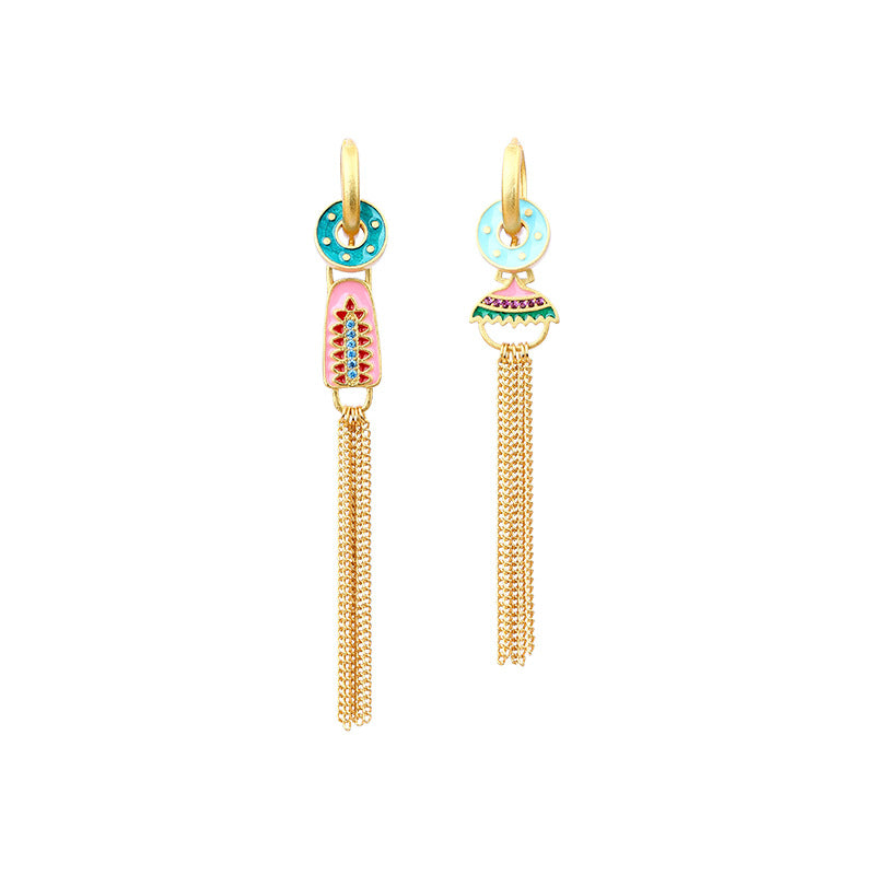 Asymmetric Color Tassel Enamel Earrings