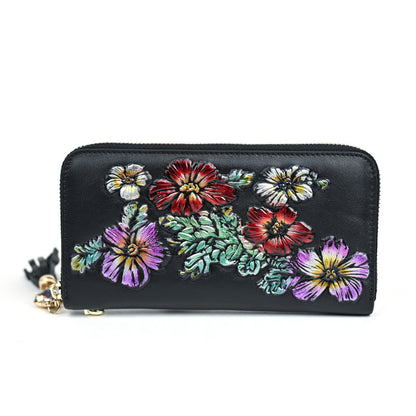 Vintage Genuine Leather Women's Wallet, Large Capacity, Multi Card, Embossed, Handmade, Zipper Bag