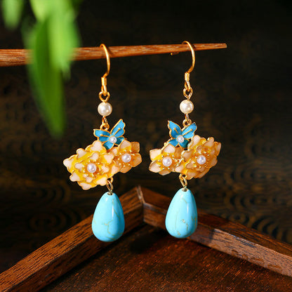 Filigree Burned Blue Butterfly Love Flower Turquoise Earrings, All-match for Hanfu & Cheongsam