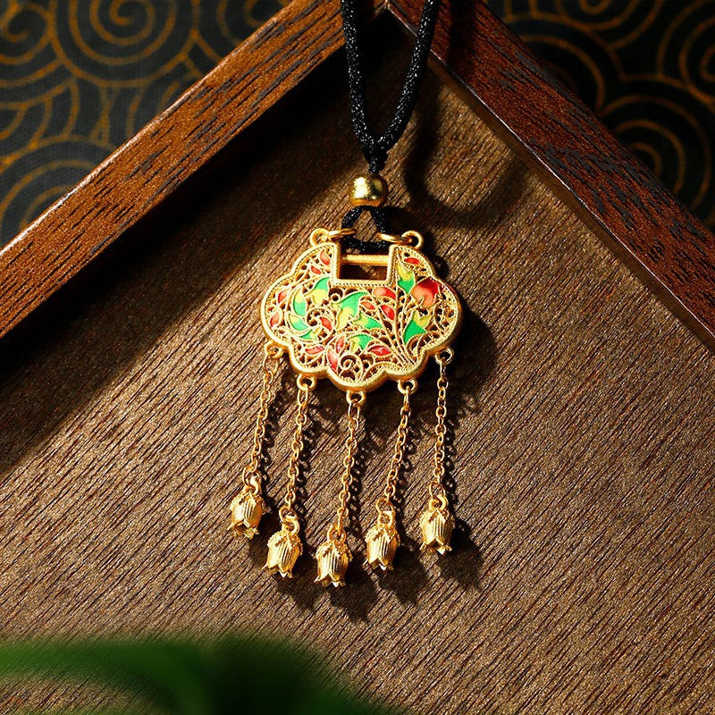 5D Hard Gold Lotus & Ping An Lock Tassel Pendant Necklace for Women