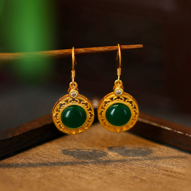 925 Silver Needle Gold Plated, Inlaid Imitation Hetian Jade Earrings for Women