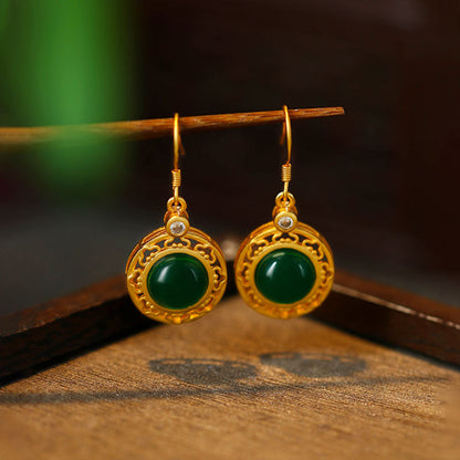 925 Silver Needle Gold Plated, Inlaid Imitation Hetian Jade Earrings for Women