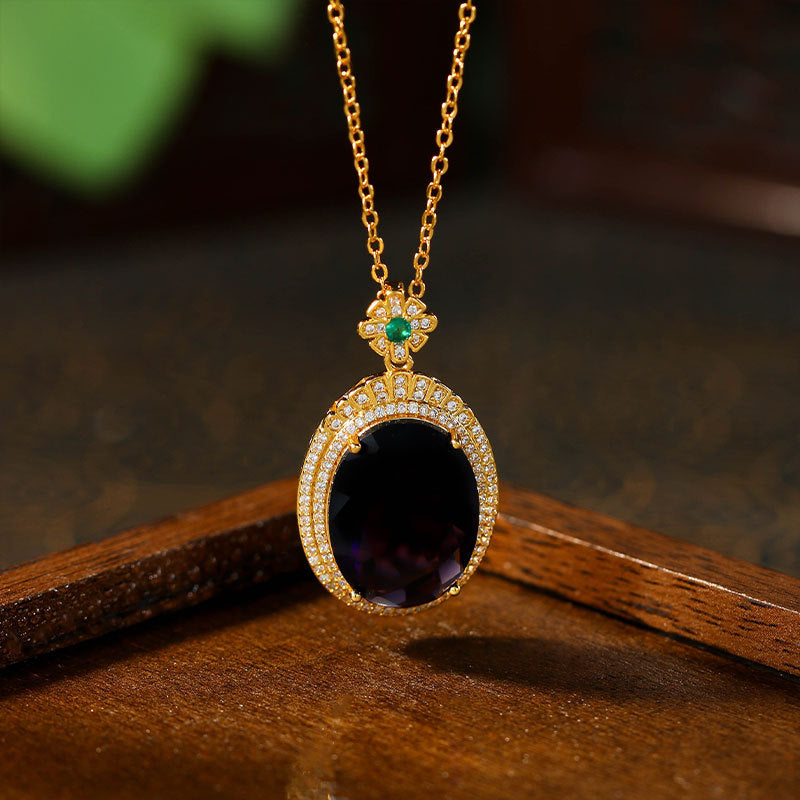 Retro Full Diamond Violet Gem Inlaid Oval Pendant Necklace