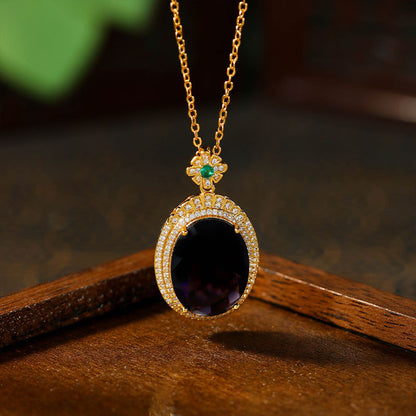 Retro Full Diamond Violet Gem Inlaid Oval Pendant Necklace