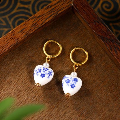 Blue and White Porcelain Pearl Earrings for Women
