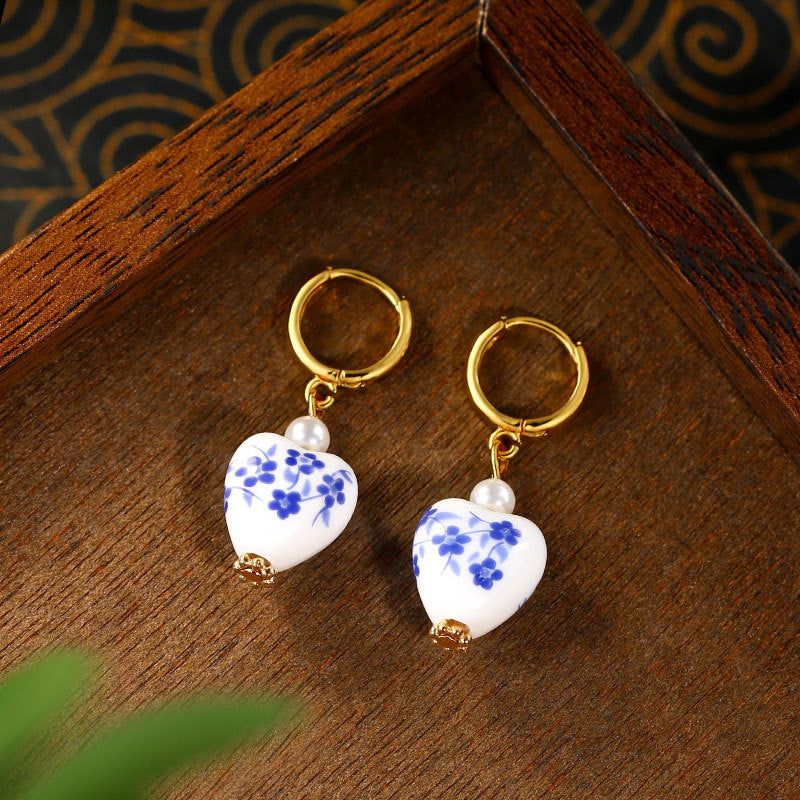 Blue and White Porcelain Pearl Earrings for Women