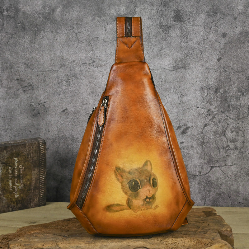 Retro Hand-polished Leather Chest Bag, Shoulder Bag, Three-use Cowhide, Embossed Design