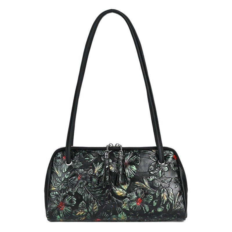 Retro Genuine Leather Underarm Baotou Cowhide Handmade Color-polished Handbag with Embossed Floral Design