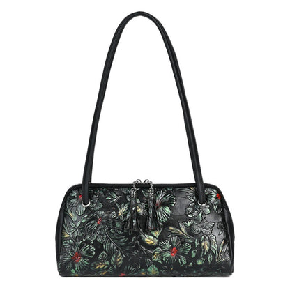 Retro Genuine Leather Underarm Baotou Cowhide Handmade Color-polished Handbag with Embossed Floral Design