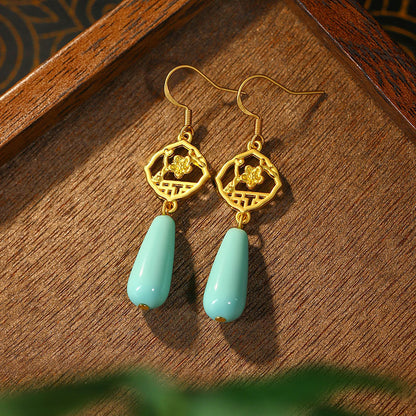 Women's Long Tassel Plum Blossom Imitation Blue Turquoise Earrings, All-Match